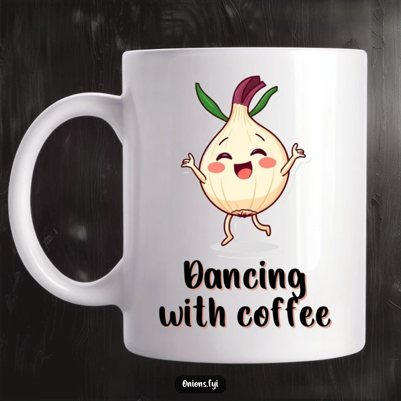 Funny mug showing a Kawaii onion character joyfully performing a dramatic dance routine with energetic flair and a big smile.
