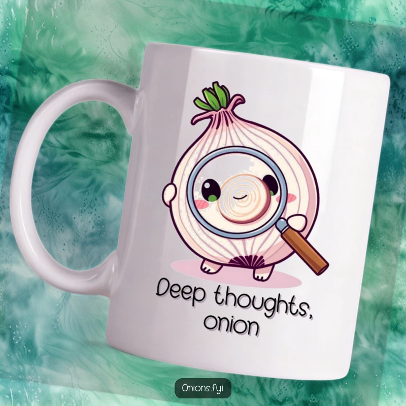 Funny mug with an onion character using a magnifying glass to inspect a minuscule onion slice, highlighting detailed observation.