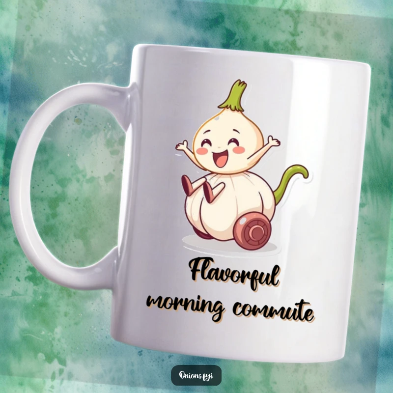 Funny mug showing an onion character happily riding a rolling garlic clove, a humorous veggie adventure.