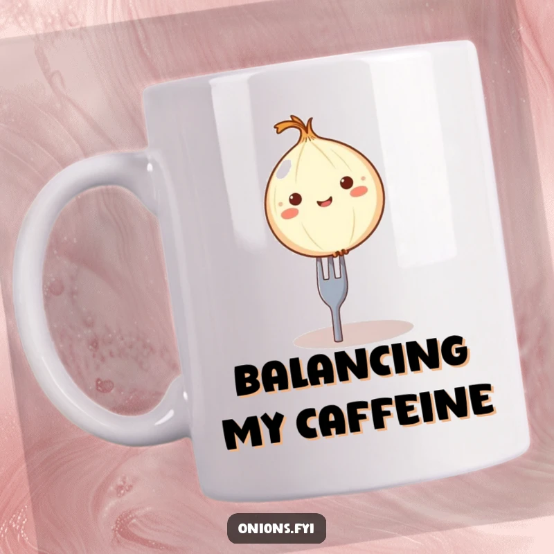 Funny balancing onion mug, a round onion character precariously balanced on a tiny fork, food humor.