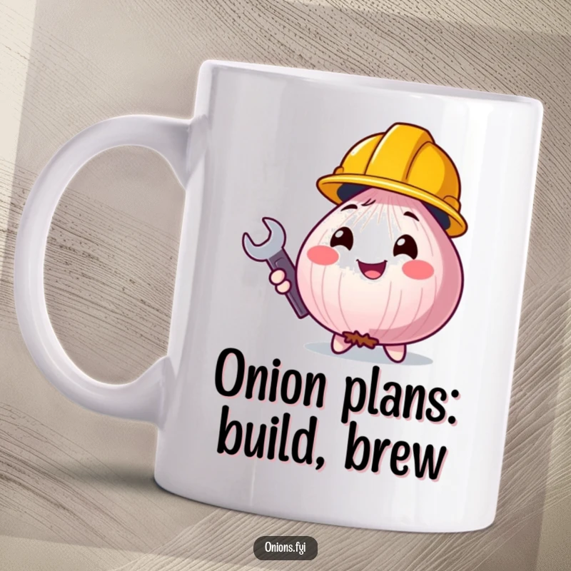 Funny construction onion with hard hat and wrench, ready for DIY, a humorous and charming gift.