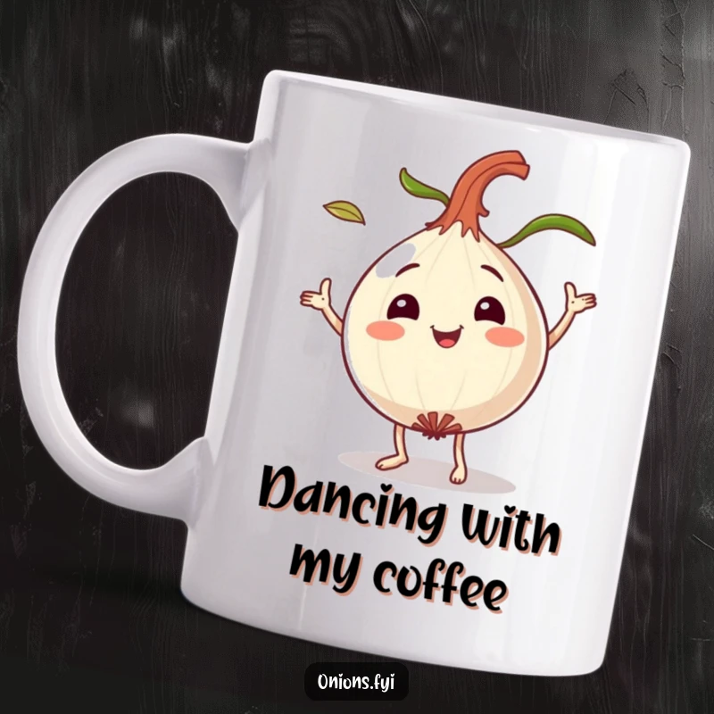Funny dancing onion mug, a smiling onion character doing a playful dance with its leaves flying dynamically, celebrating joy.