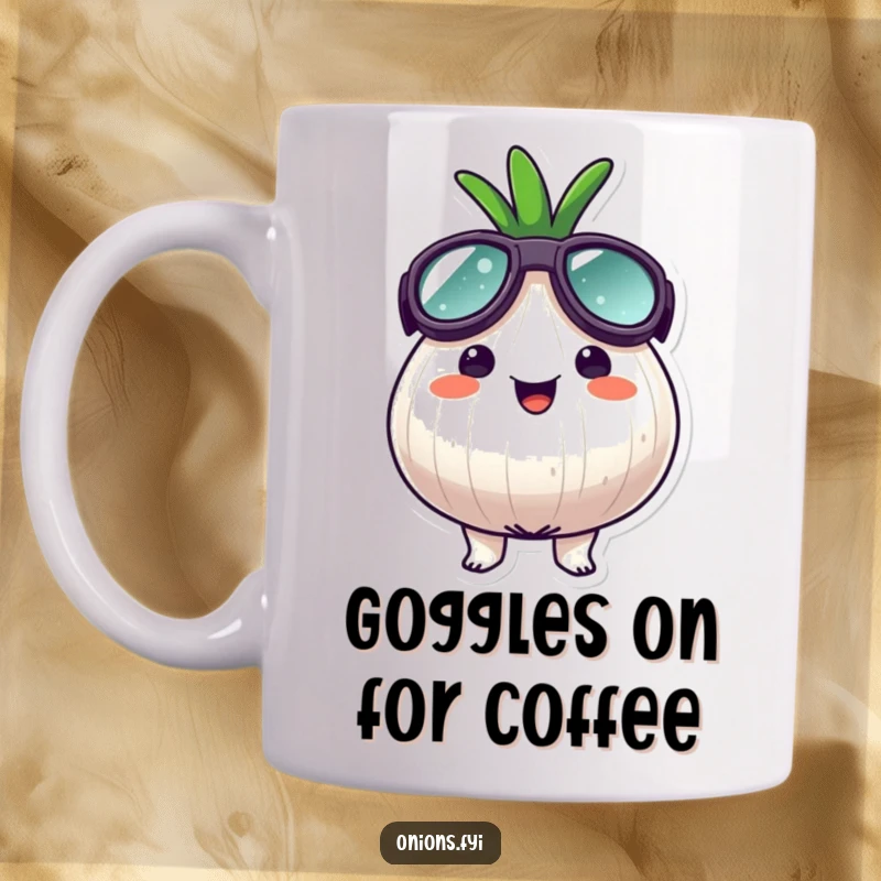 Funny goggle onion mug, an onion character wearing oversized goggles, looking surprisingly happy and ready for adventure.