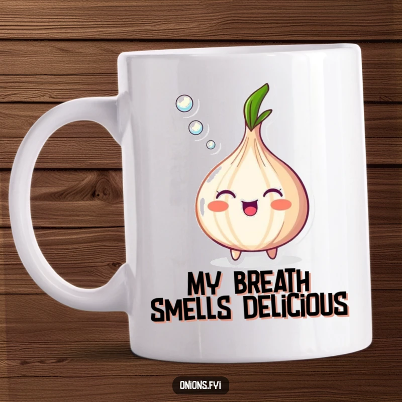 Funny Onion Mug with a happy onion blowing a stream of tiny bubbles from its top, spreading joy and whimsy.