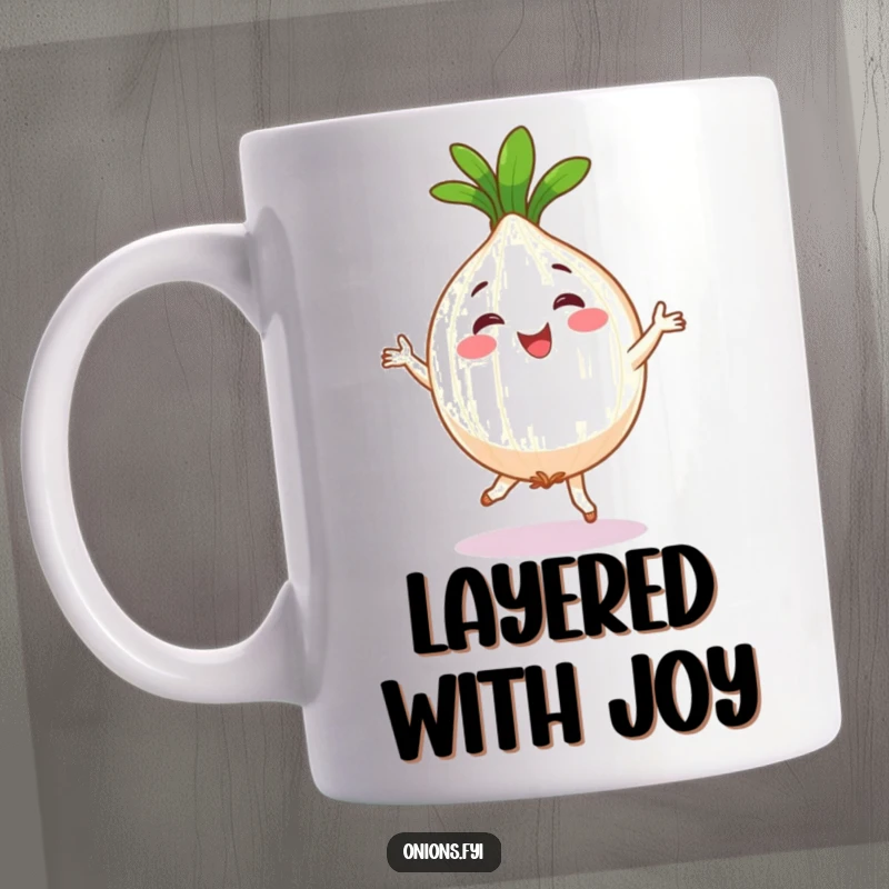 Funny mug showing a happy, smiling onion character performing a silly, joyful jig with its roots as legs.