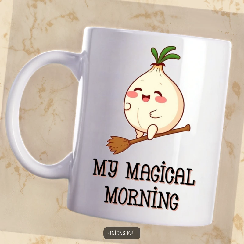 Funny mug featuring a plump kawaii onion giggling while riding a tiny broomstick, full of delightful magical energy.