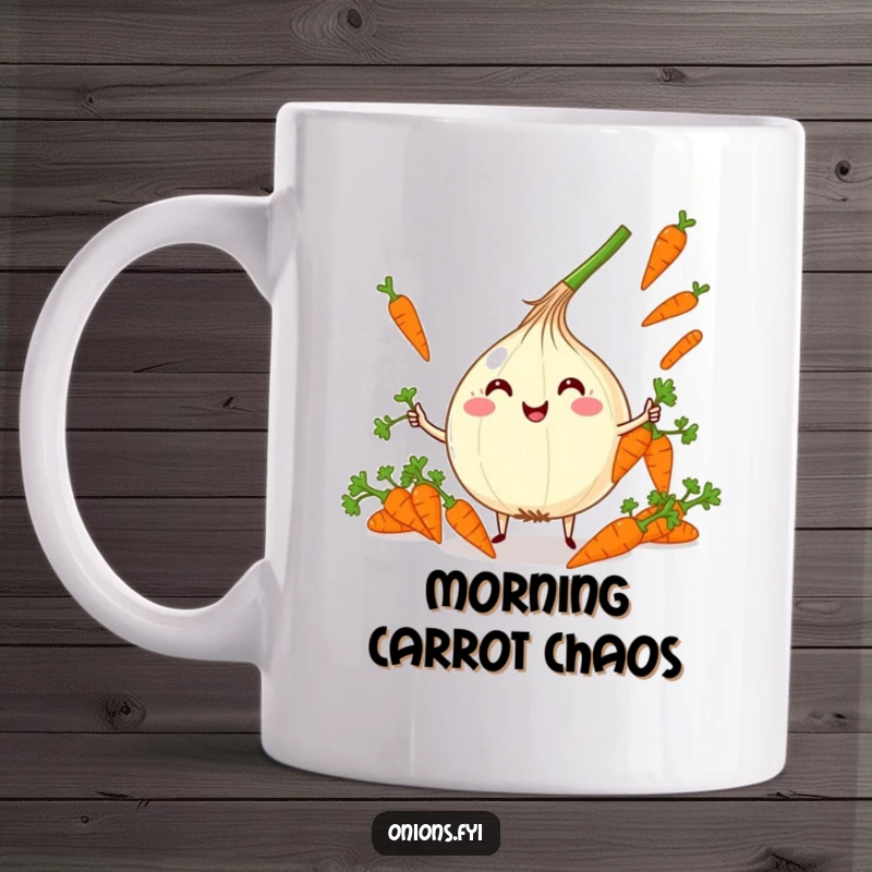 Funny Kawaii Onion Juggling Mug: Cute onion character joyfully juggling miniature carrots, perfect funny gift.