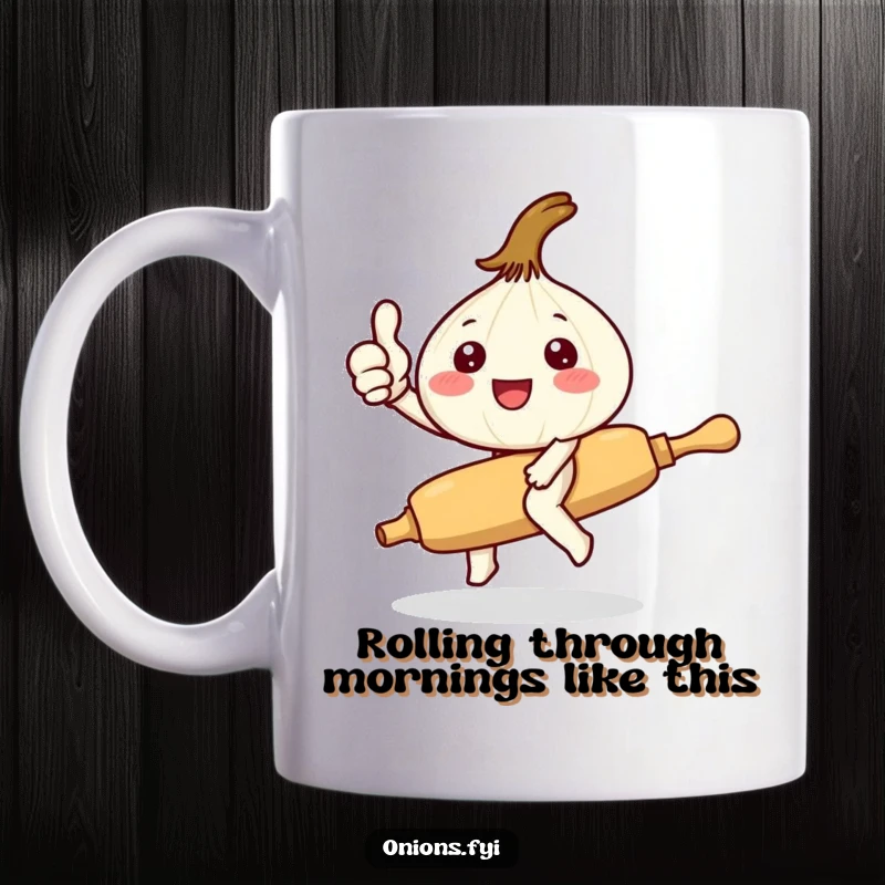 Funny Kawaii onion character giving a thumbs up while riding a tiny rolling pin, smiling with joy, perfect cute kitchen humor gift.