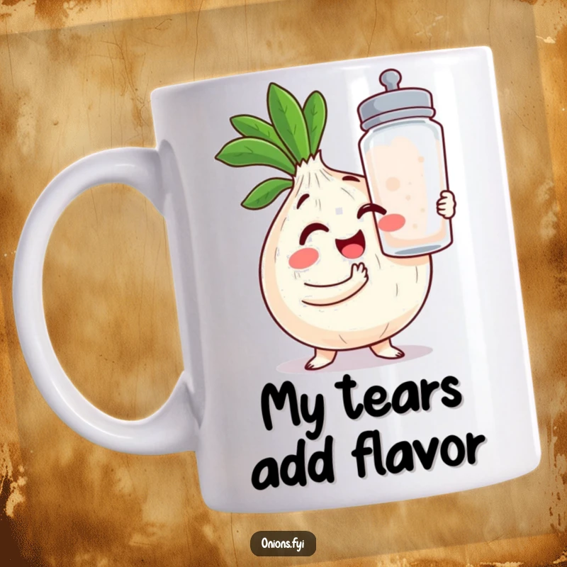 Funny Kawaii Onion Mug: A cheeky onion winks, holding a massive salt shaker, ready to season your life with humor.