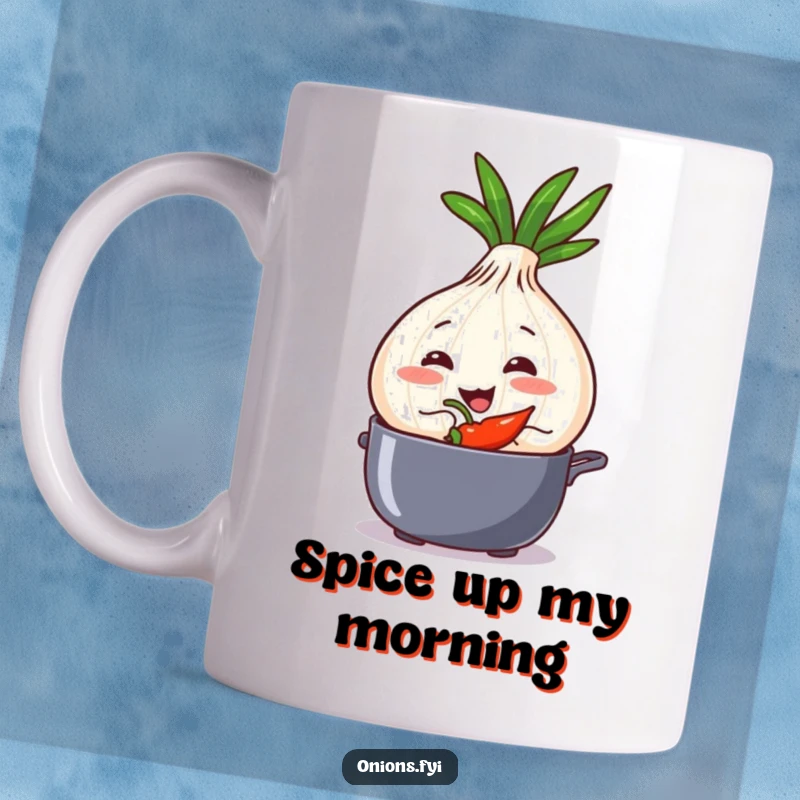 Funny onion character with a mischievous grin, slipping a chili pepper into a cooking pot, on a mug.