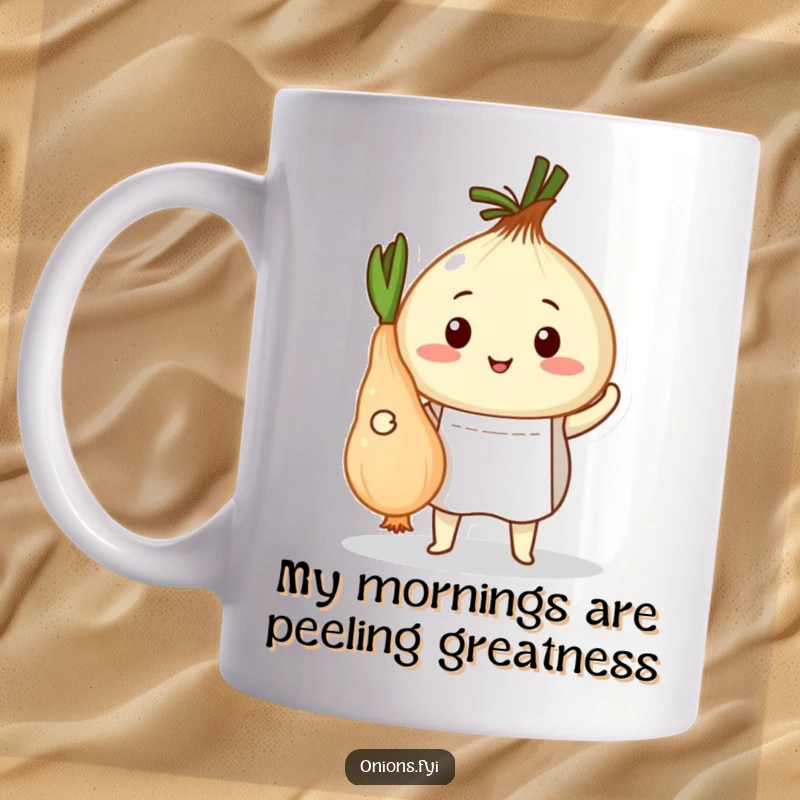 Funny mug featuring an onion chef in an apron proudly presenting a peeled root vegetable, celebrating culinary skill humorously.