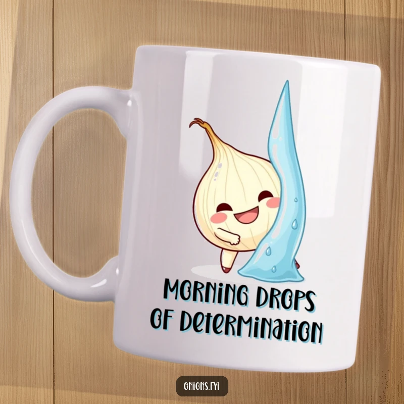 Funny Onion Mug: Determined onion character climbs a giant water droplet, symbolizing perseverance and humor.