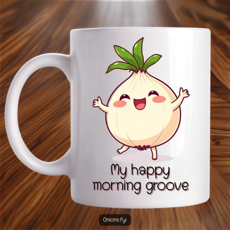 Funny Onion Mug: Joyful onion character dances with spinning leafy top, spreading happiness and humor.