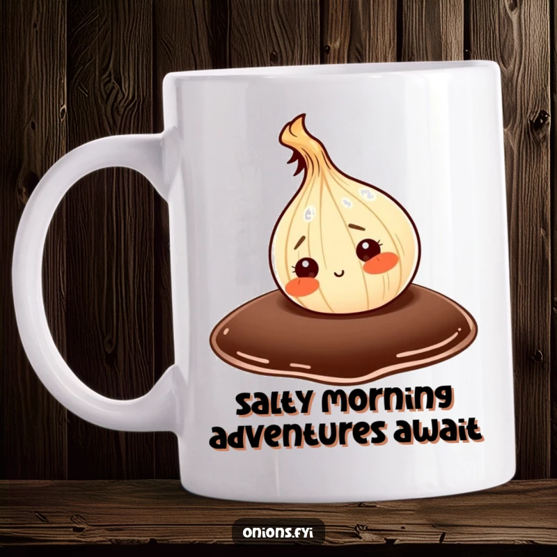 Funny mug featuring a clueless onion character bravely venturing into a massive, glistening drop of soy sauce, expressing pure curiosity.