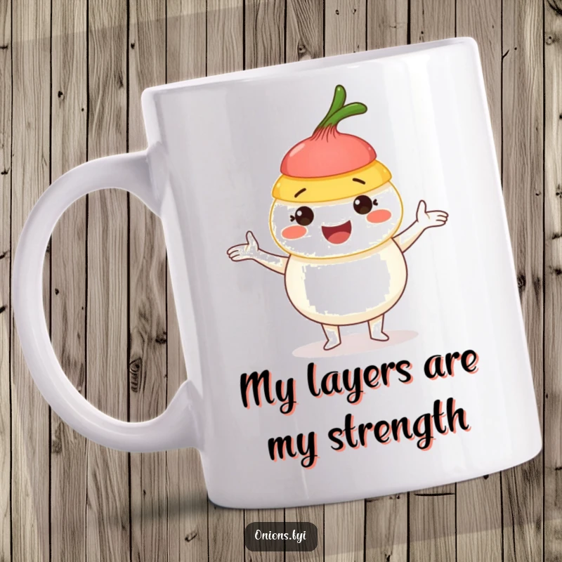 Funny Onion Character Mug: A joyous onion masterfully juggling colorful onion layers, showcasing its playful and skilled nature.