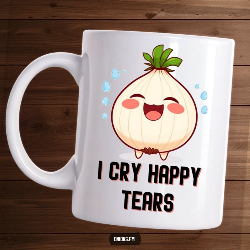 Funny mug with a crying onion character laughing hysterically, spraying water droplets everywhere in a comical, joyous outburst.