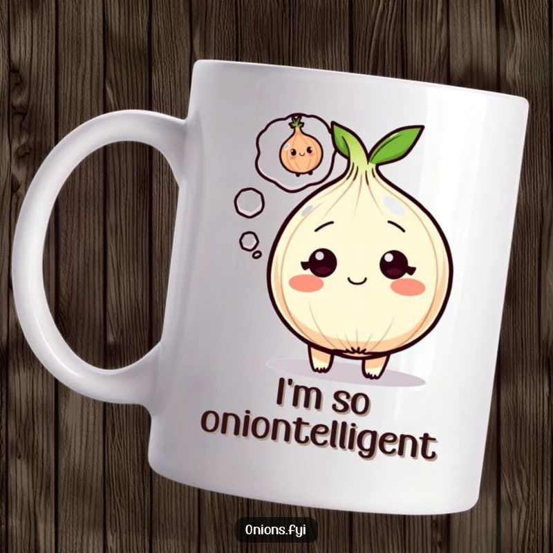 Funny Onion Mug featuring a cartoon onion with a thought bubble showing a smaller, winking onion, perfect for a laugh.