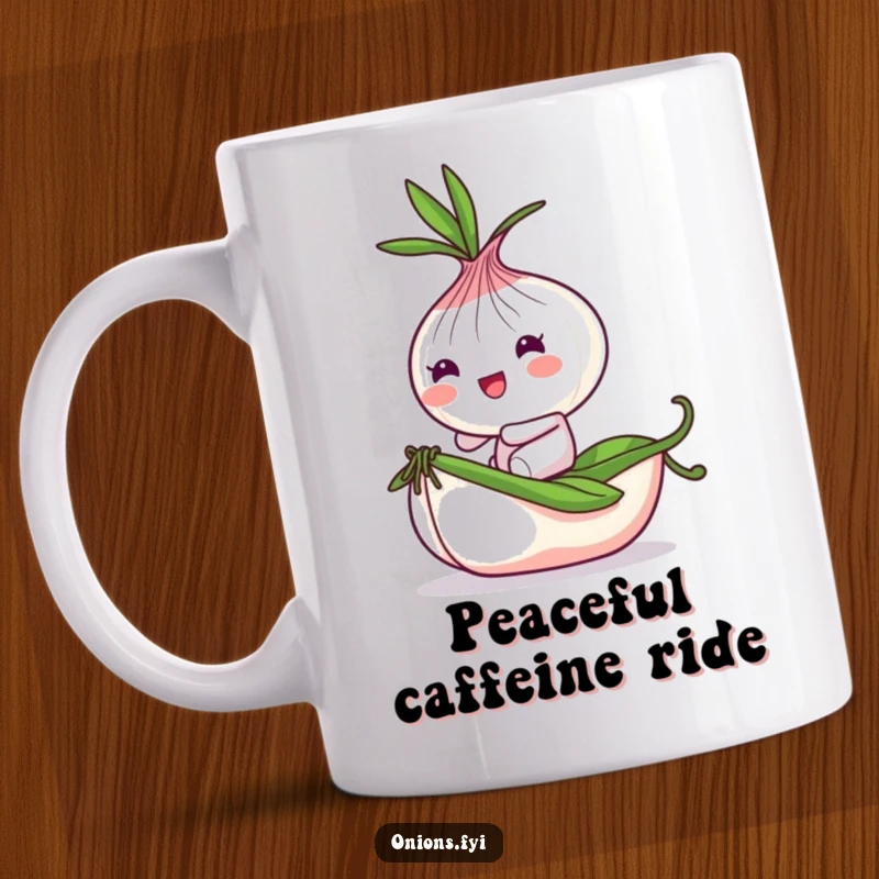Funny Onion Mug: Playful onion character bounces while riding a tiny, rolling pea, a whimsical and humorous scene.