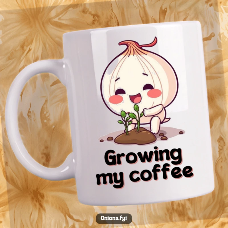 Funny mug featuring an onion character excitedly planting a small seedling in the soil, symbolizing growth and new beginnings.
