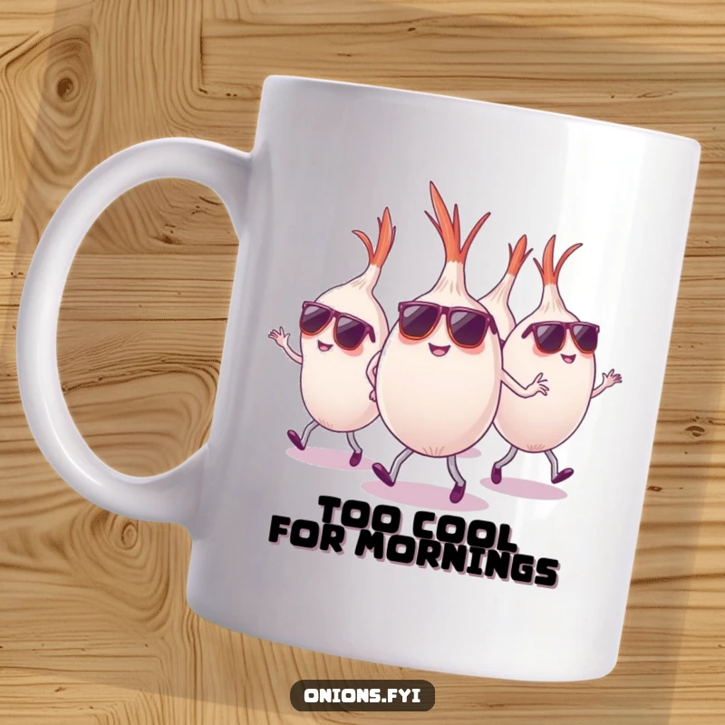Funny onions wearing sunglasses, dancing energetically, cool crew, fun party mug gift.