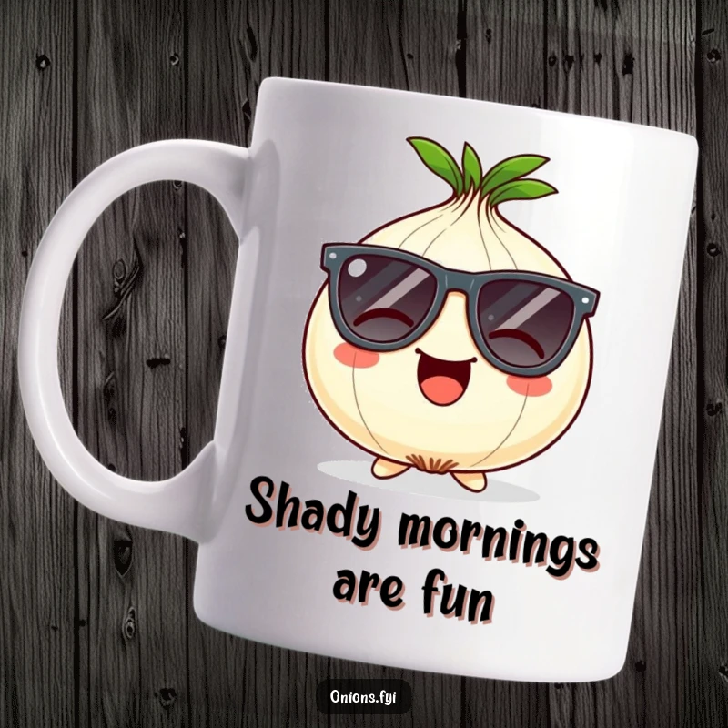 Funny Onion Mug: Giggling onion character wears oversized comical sunglasses, exuding cool and humor.