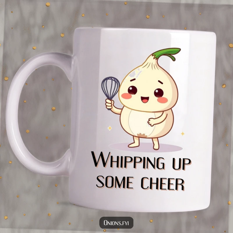Funny mug showing a determined onion character enthusiastically whisking a frothy, bubbly mixture with a tiny whisk, ready to cook.