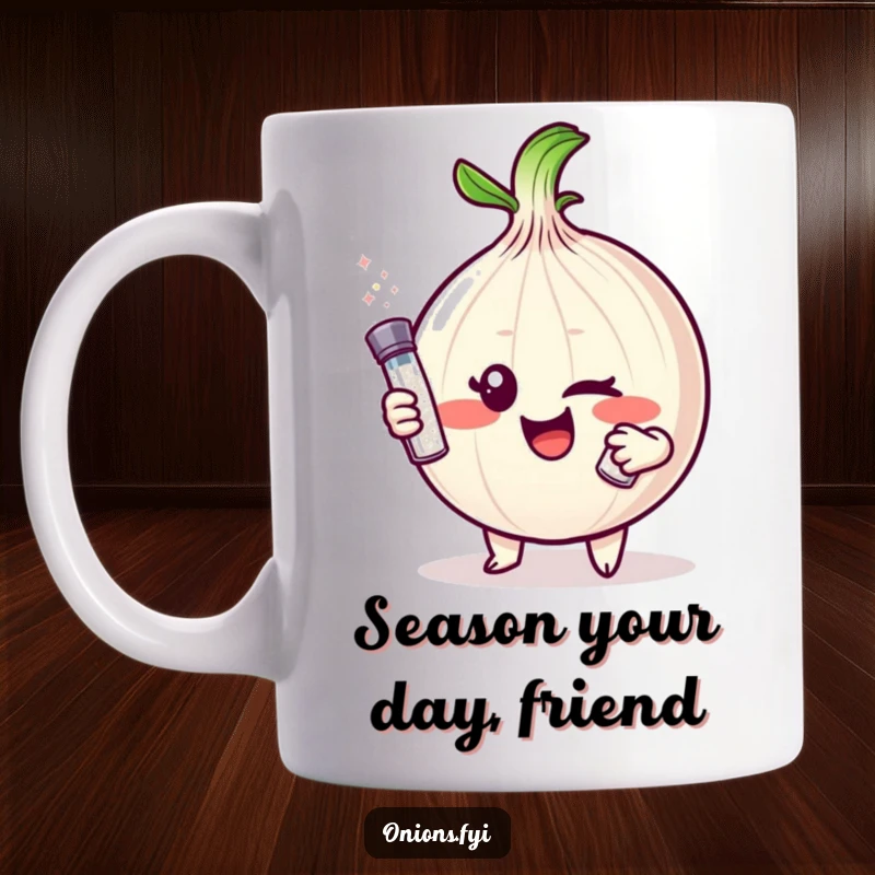 Funny Onion Mug: Mischievous character winks, holding a tiny salt shaker, perfect for a giggle.