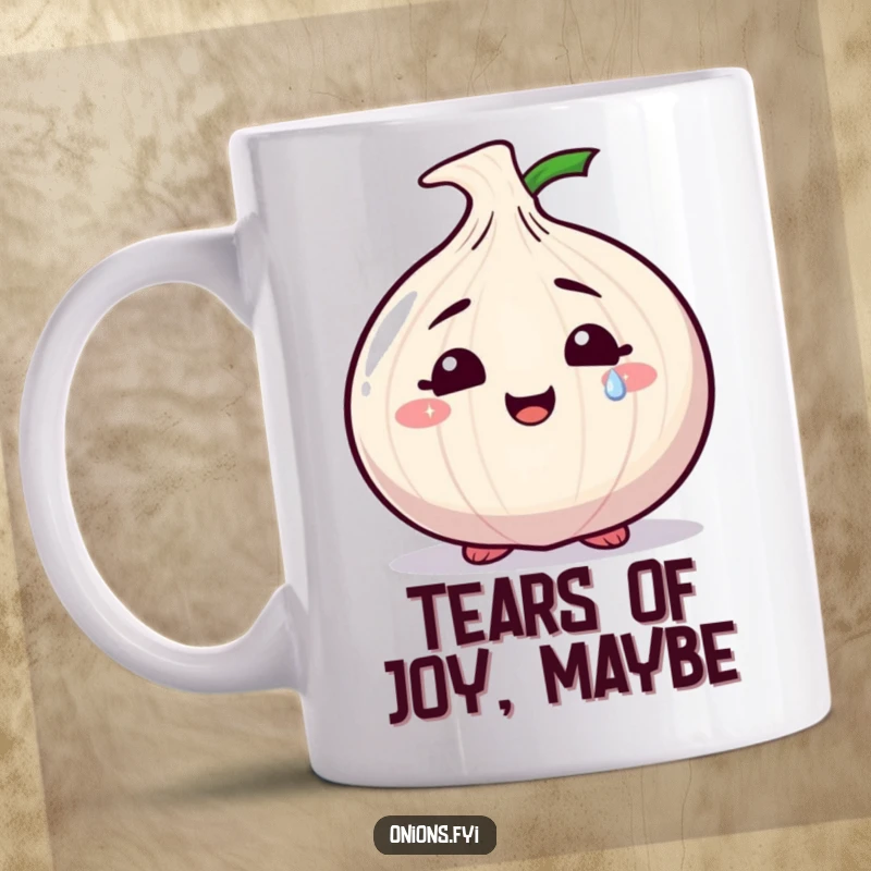 Funny mug featuring a smiling onion character shedding a single, sparkly tear, evoking a sense of sweet emotion and gentle humor.