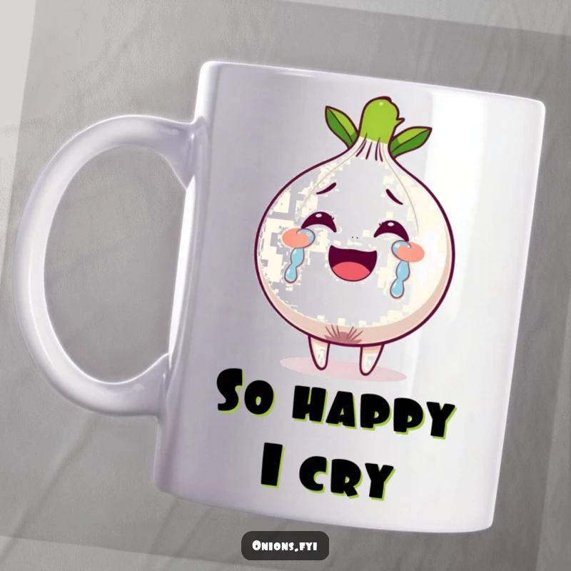 Funny mug showing an onion character with streams of tears flowing down its face, indicating overwhelming happiness.
