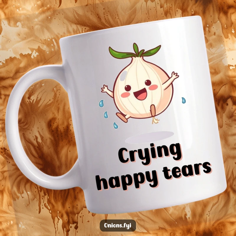 Funny onion character doing a happy cartwheel, leaving a trail of tears, a humorous and expressive design.