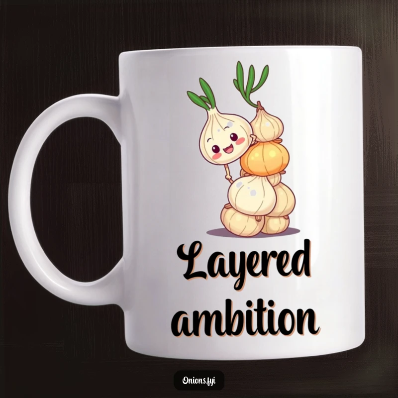 Funny mug depicting an onion character climbing a wobbly stack of onions, symbolizing the humorous struggle of life. Great gift.
