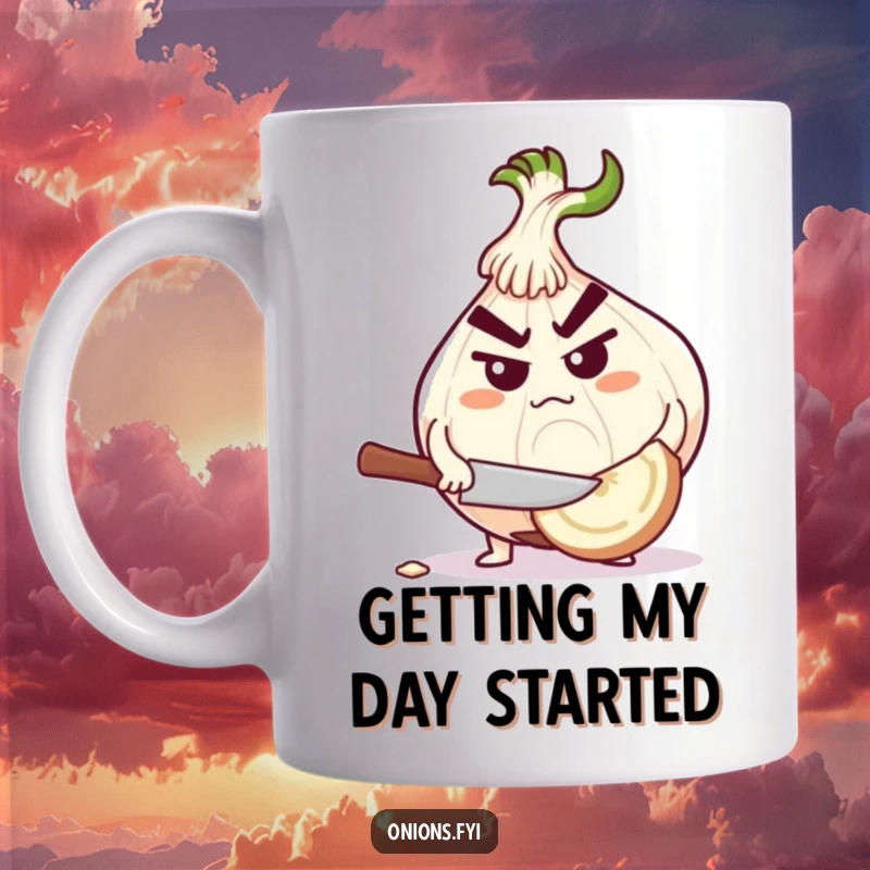 Funny determined onion character intensely chopping a giant garlic clove, portraying focus and humor.