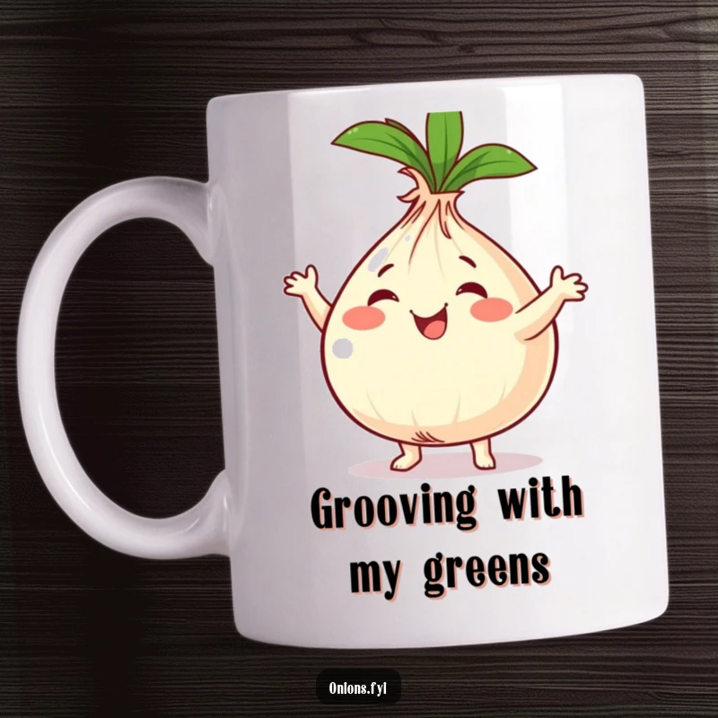 Funny cheerful onion character dancing joyfully, with green tops swaying, on a mug, ideal for a funny gift.
