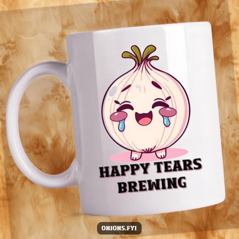 Funny rainbow tears onion mug, an onion character smiling while crying vibrant rainbow tears, expressing joyous emotion.