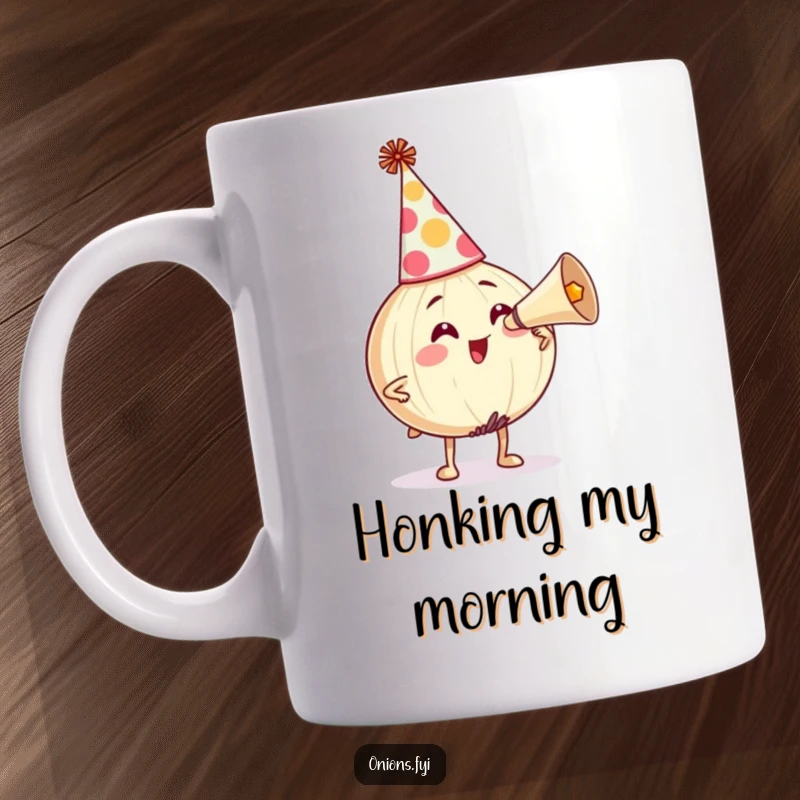 Funny Mug: Onion character wearing a party hat, comically honking a party horn, expressing festive cheer and humor. A perfect funny gift.