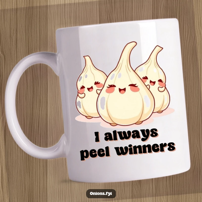 Funny mug with giggling onions playing hide-and-seek behind garlic cloves, showcasing a humorous veggie gathering and playful game.