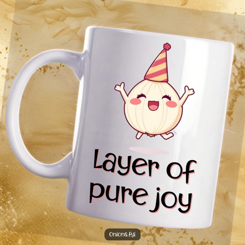 Funny cheerful onion character wearing party hat, leaping with joy, celebrating, festive mug gift.