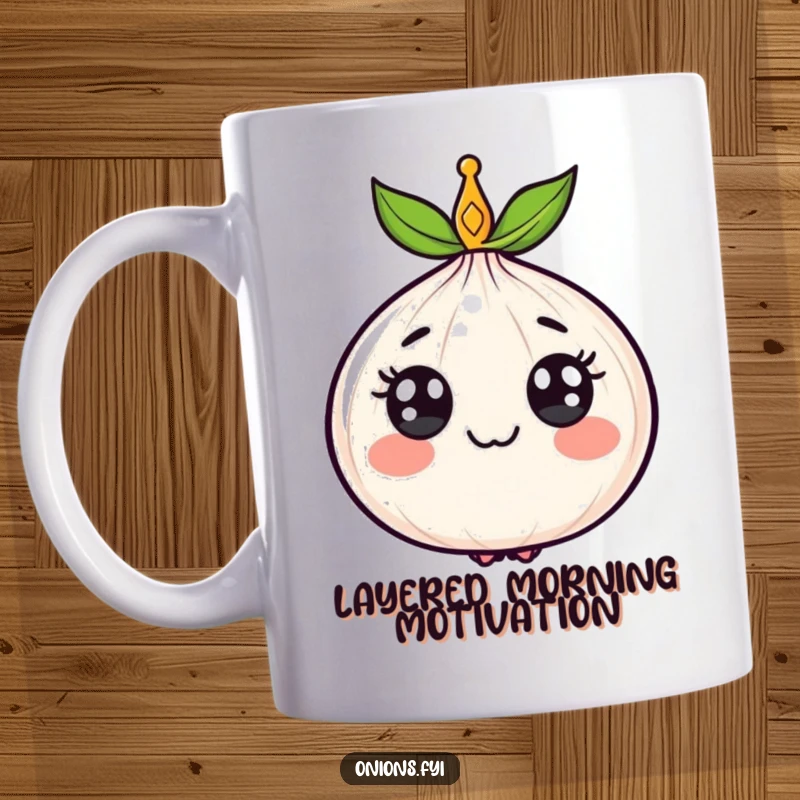 Funny mug featuring a cheerful onion wearing a tiny golden crown, exuding adorable royalty and happy charm.