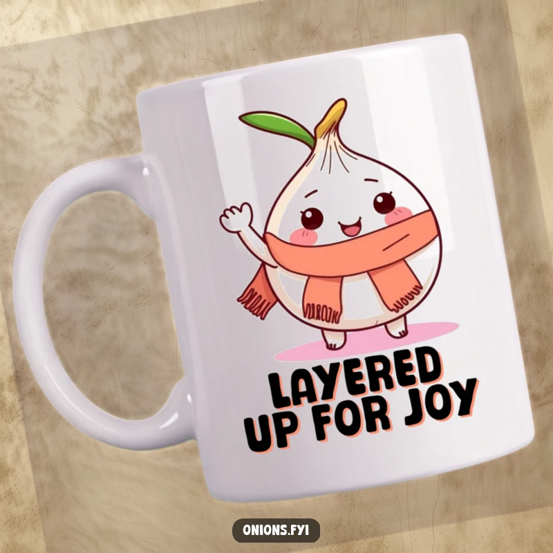Funny mug featuring a joyful onion character wearing a small scarf and waving enthusiastically.