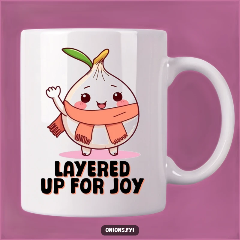 Funny Onion Mug: Joyful Waving Vegetable with Scarf Humor Gift