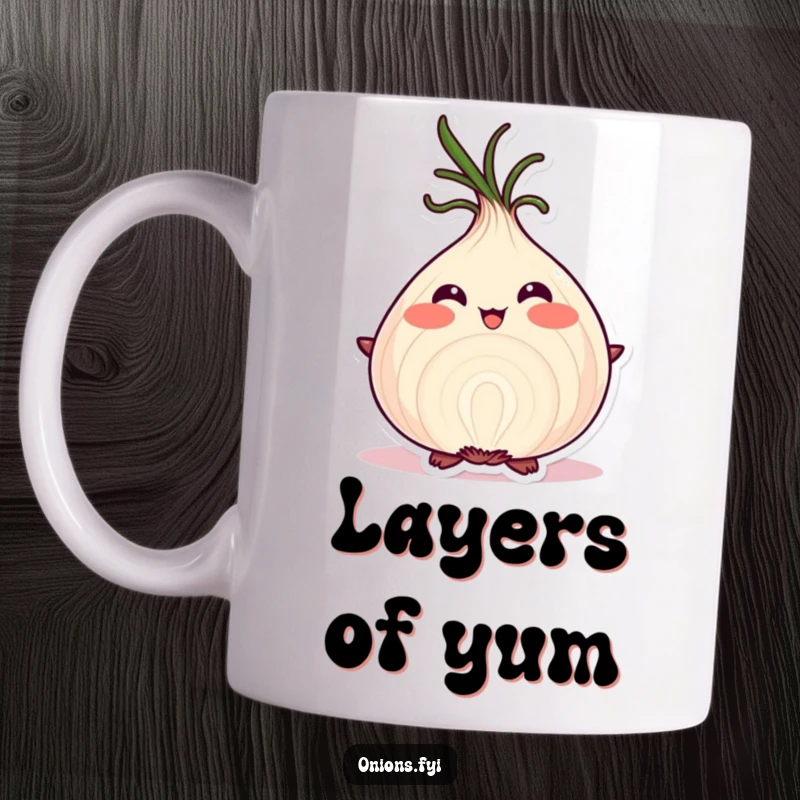 Funny onion character blushing proudly, displaying its perfect layers on a mug, symbolizing self-acceptance.