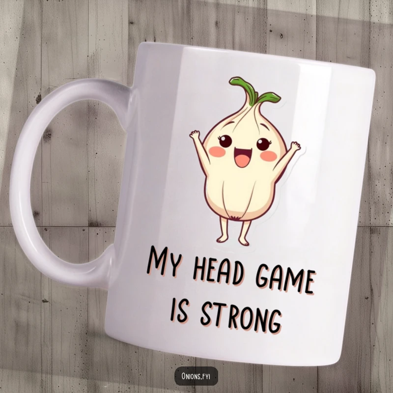 Funny mug featuring a cute, smiling onion character enthusiastically performing a headstand, embodying playful energy and veggie humor.