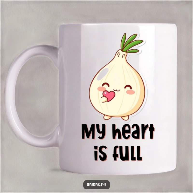 Funny Kawaii onion character holding a tiny heart above its head with affection, adorable and loving design, perfect for expressing love.