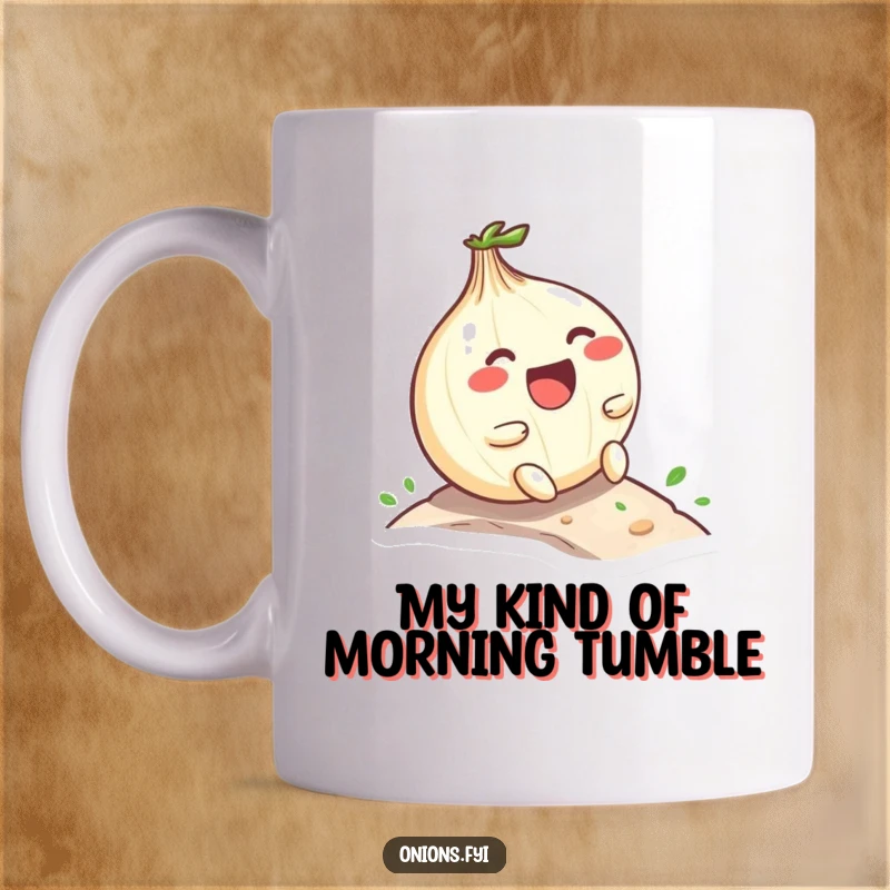 Funny Kawaii onion character laughing hysterically while rolling down a miniature hill, joyful and playful design, great coffee mug.