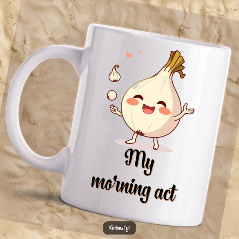 Funny mug with a happy onion character enthusiastically juggling small garlic cloves, perfect for a cooking enthusiast gift.