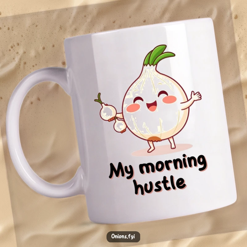 Funny mug featuring an adorable kawaii onion with tiny feet excitedly juggling three smaller onions, showcasing vibrant energy and charm.