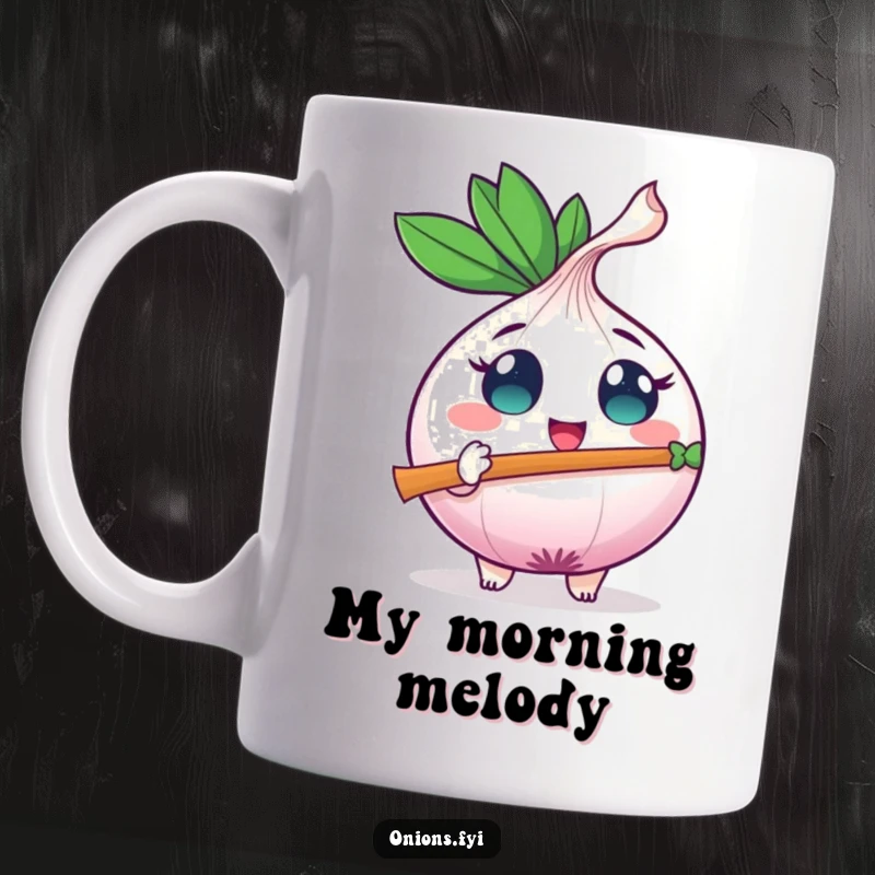 Funny onion character with big excited eyes joyfully plays a tiny leaf-shaped flute, spreading musical cheer.