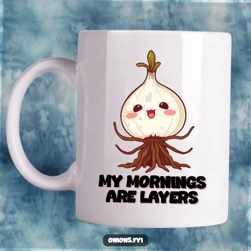 Funny kawaii onion mug with roots attempting a silly caper, a playful and humorous design perfect for gifting.