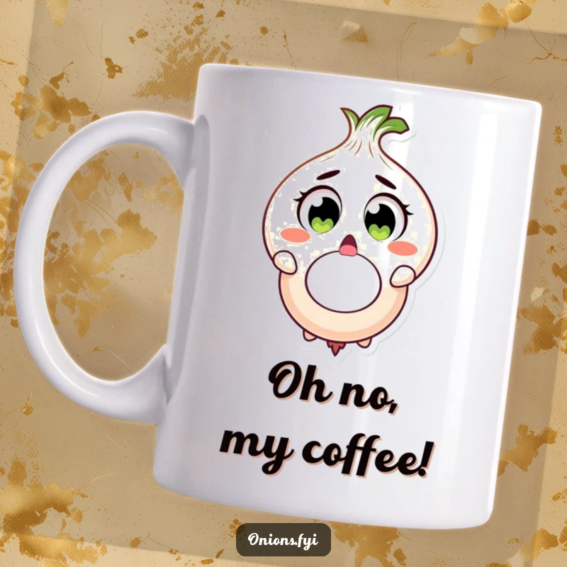 Funny surprised onion character wide eyes, dropping large onion ring, shocked expression, funny mug gift.