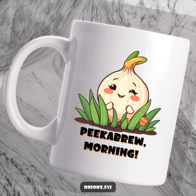 Funny mug featuring a cheerful onion character peeking out from a garden patch with a wide, happy grin.